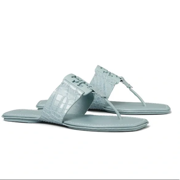 Tory Burch Pale Blue Croc-Textured Thong Sandals - Picture 1 of 4